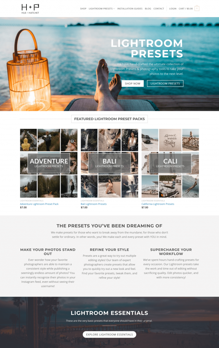 Hue and Hatchet site homepage on desktop