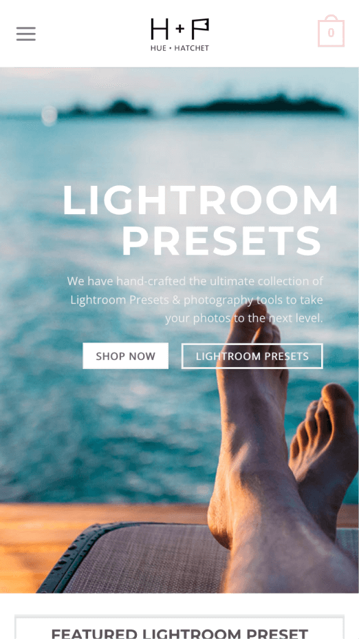 Hue and Hatchet site homepage on mobile