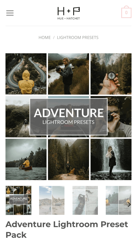 Hue and Hatchet site preset product page on mobile