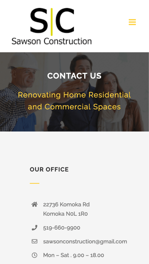 Sawson Construction site contact page on mobile
