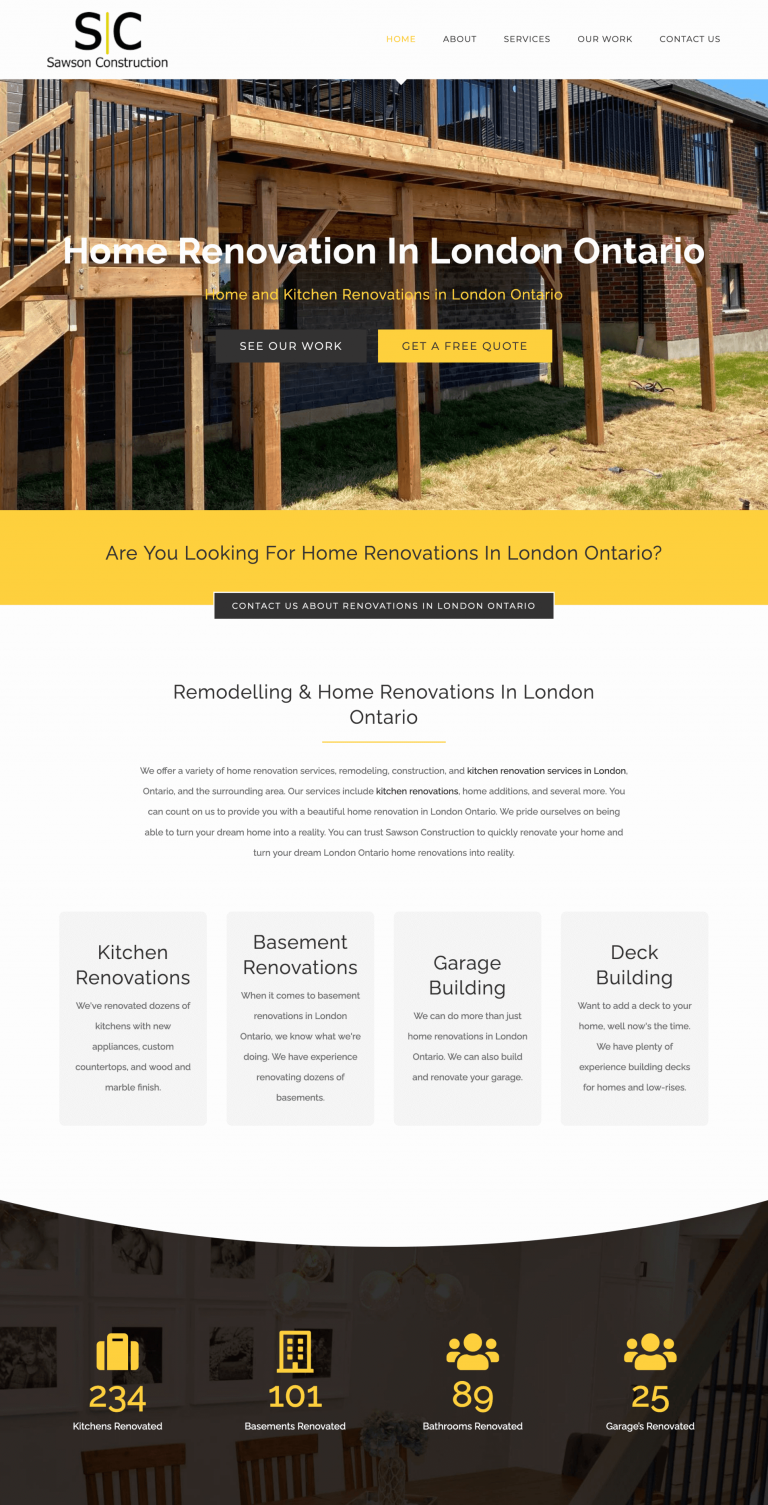 Sawson Construction site homepage on desktop