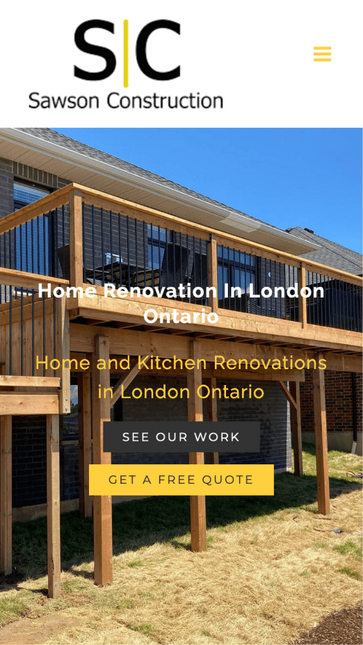 Sawson Construction site homepage on mobile