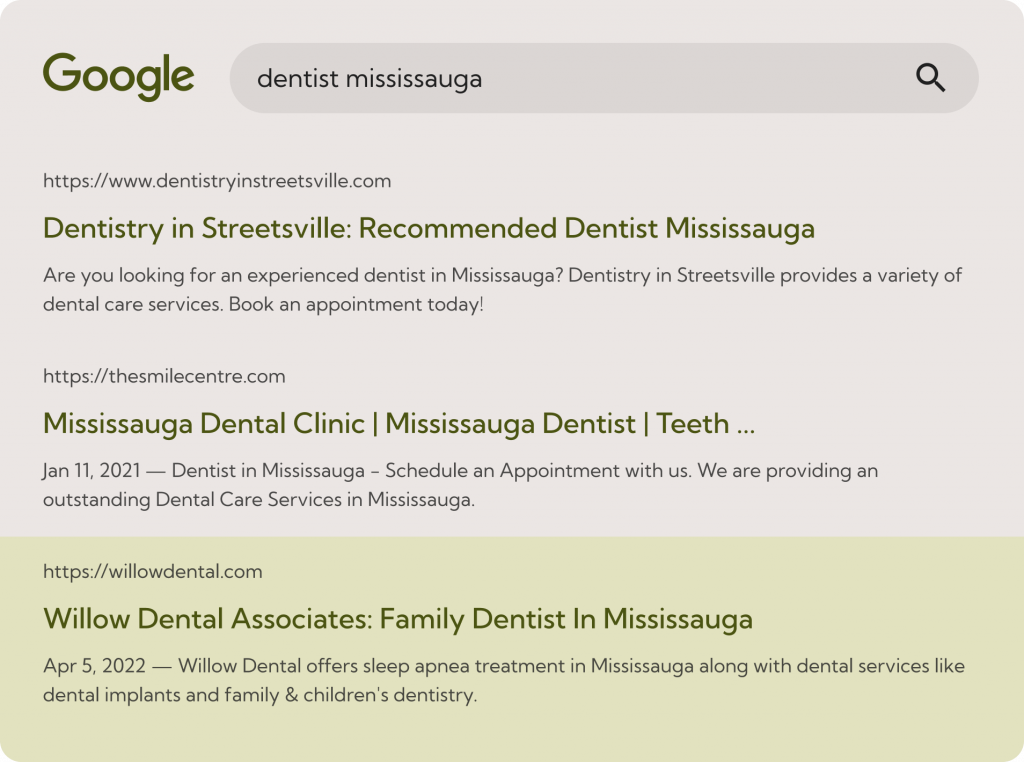 willow-dental-search-position Willow Dental third search position in Google