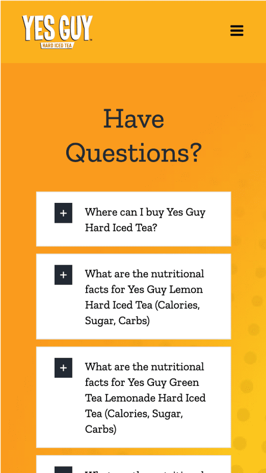 Yes Guy Iced Tea site faqs section on mobile
