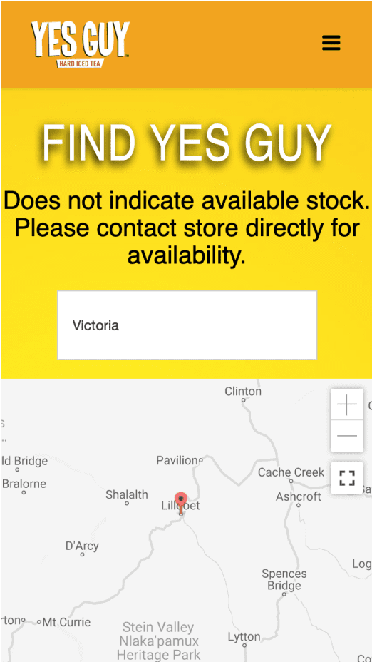 Yes Guy Iced Tea site find a store section on mobile