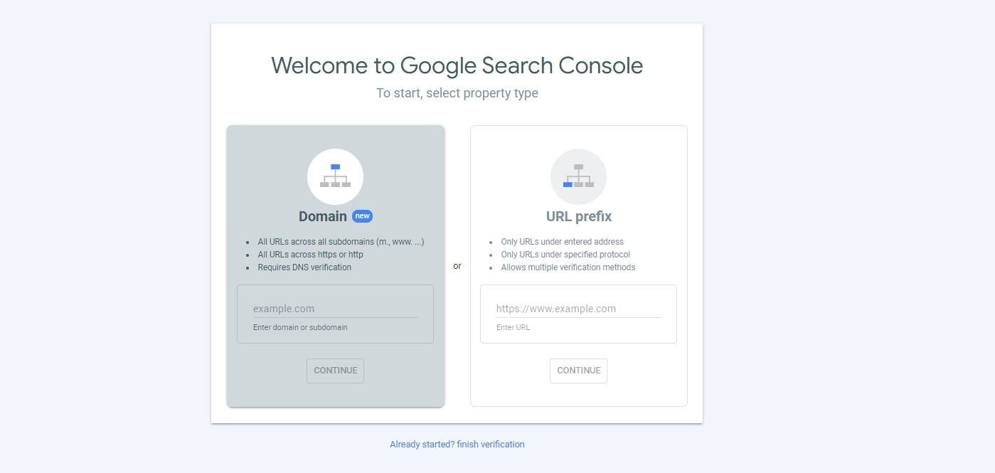 Google search console properties domain level