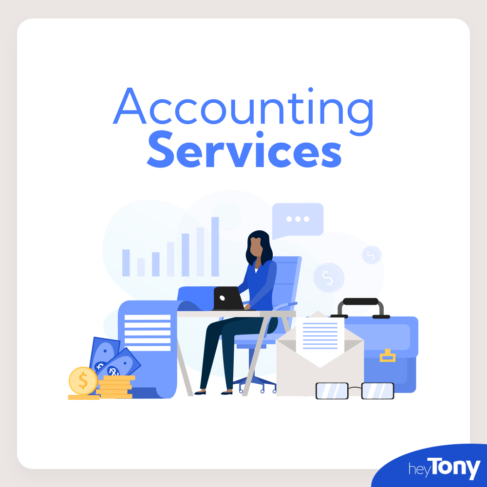 Text: Accounting Services. Below is a graphic depicting a remote accountant working from home.