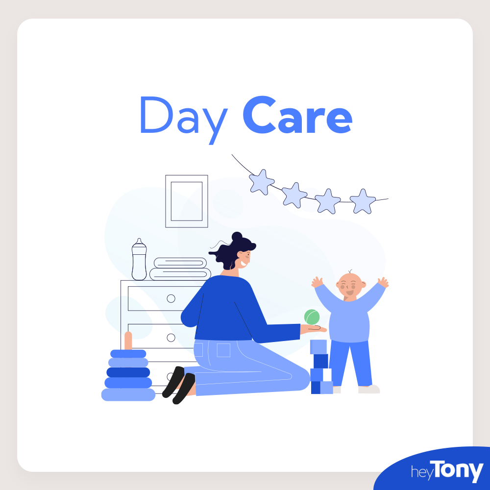 Text: Day Care. Below is a graphic of a person taking care of a small child in their home.