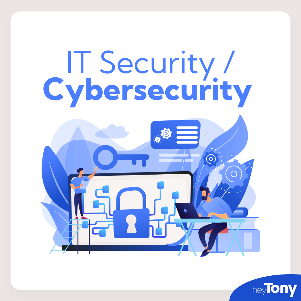 Text: IT Security / Cybersecurity. Below is a graphic of a computer with a lock on it, with a worker trying to look for loopholes.