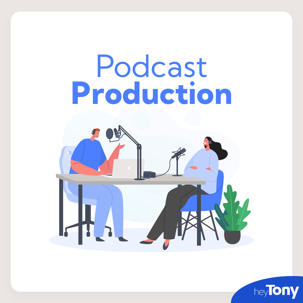 Text: Podcast Production. Below is a graphic depicting two people recording a podcast together from home.
