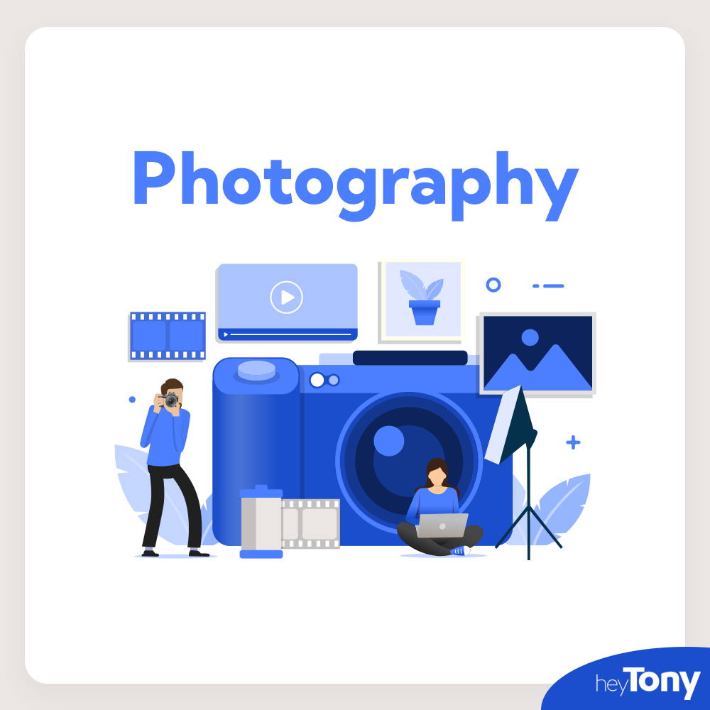 Text: Photography. Below is a graphic of a camera, photo, film, and a miniature person amongst the items.
