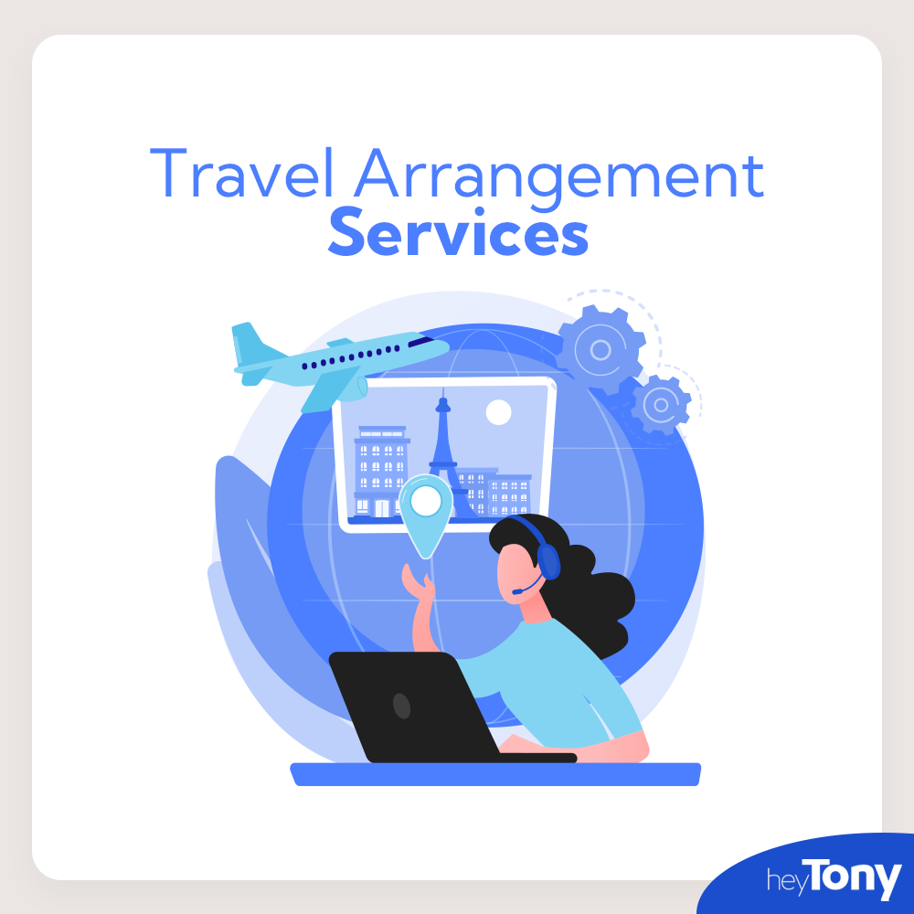 Travel Arrangement Services is typed above a graphic depicting a travel agent working from home.