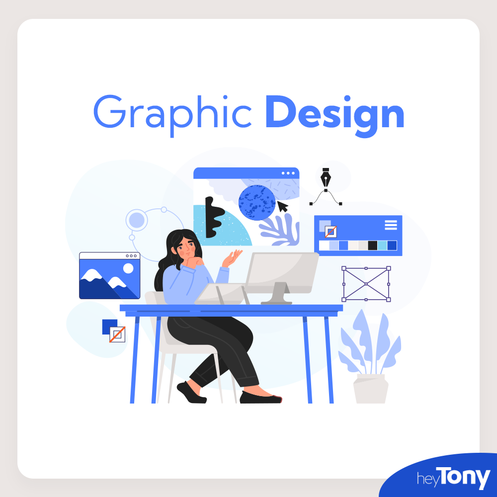 Text: Graphic Design. Below is a graphic depicting a woman with a remote graphic design job.