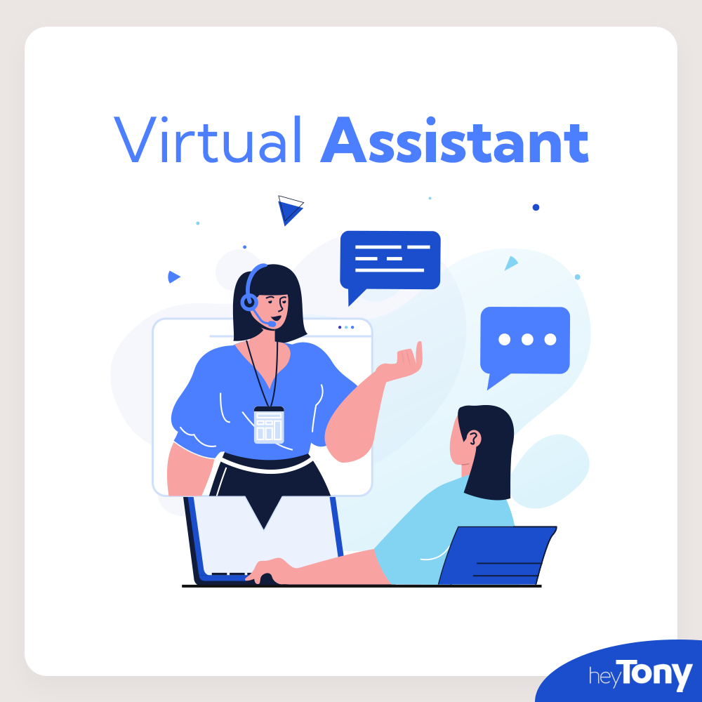 Text: Virtual Assistant. Above a graphic depicting a virtual assistant working remotely.