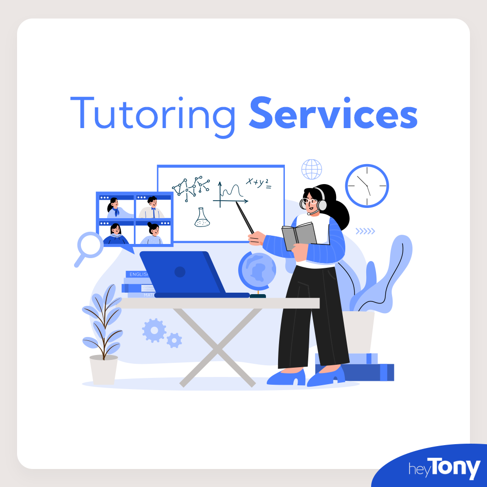 Text: Tutoring Services. Below is a graphic depicting a woman tutoring to a virtual classroom from her home computer.