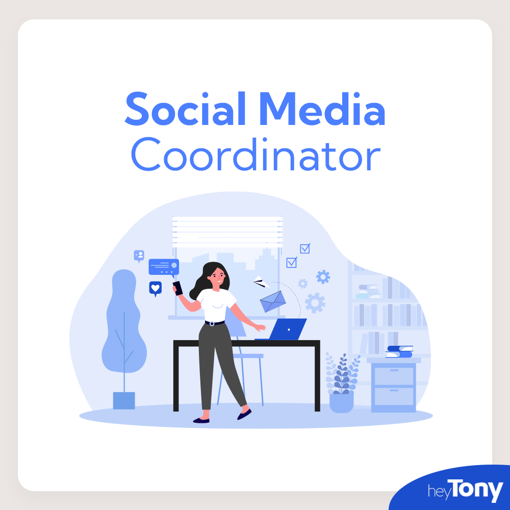 Text: Social Media Coordinator. Below is a graphic depicting a remote social media coordinator working from home.