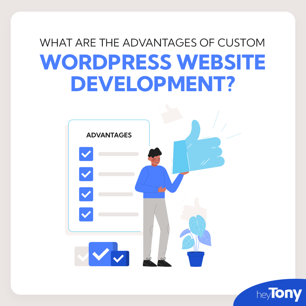 Vector character holding up a blue thumbs up sign with a checklist behind it.